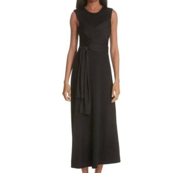 NWT Sandro Paris Trudy Dress Women’s 8 EU 40 Black Midi Ruched Tie Waist - Picture 1 of 16